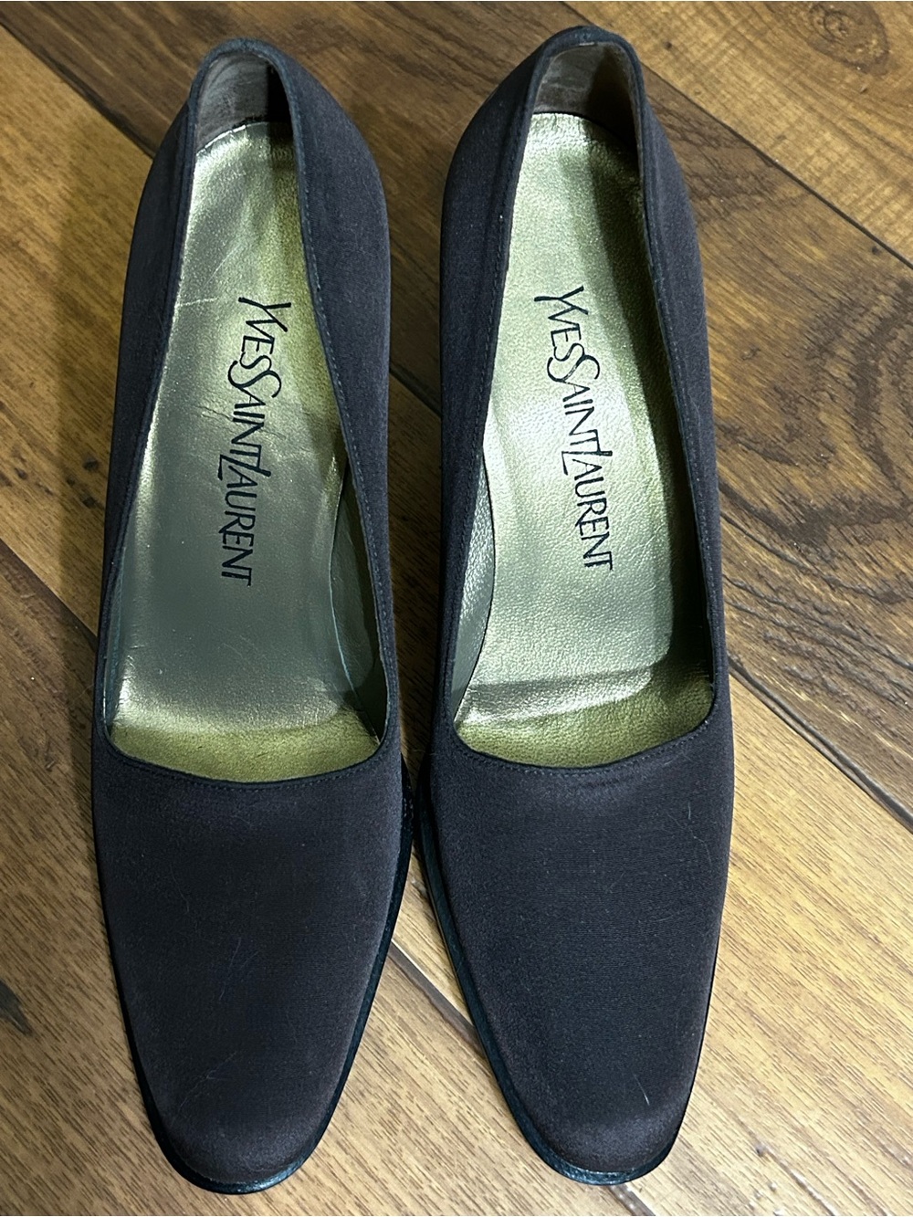Vintage Yves Saint Laurent Black Square-Toe Satin Pumps with Gold Insole